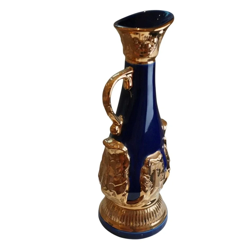 Vintage Regal China Pitcher Vase Cobalt Blue Gold Trim Handcrafted Decor 1966